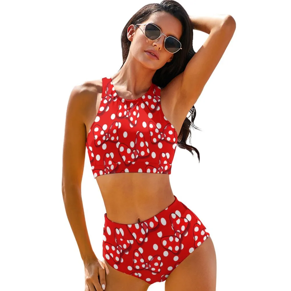 Red With White Polka Dot And Bows Women's Bikini Swimsuit