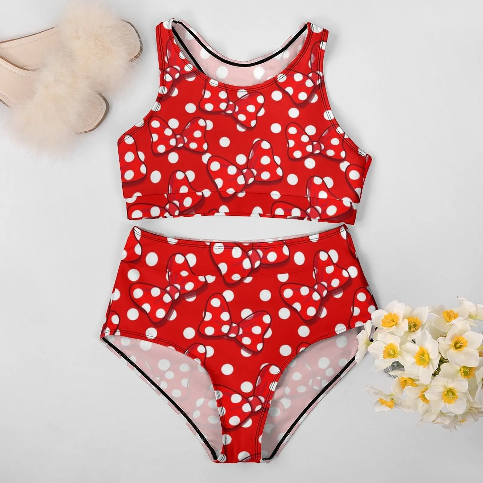 Red With White Polka Dot And Bows Women's Bikini Swimsuit