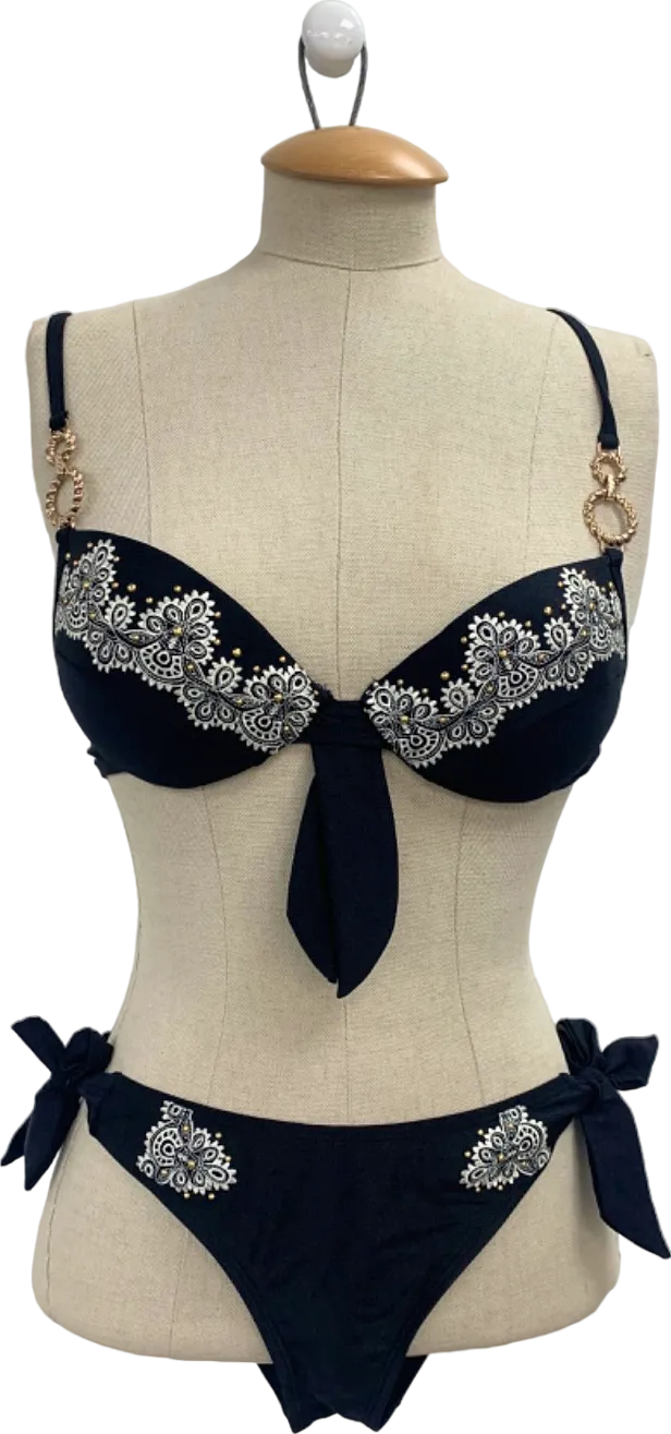 River Island Black Embroidered Bikini Set UK 8