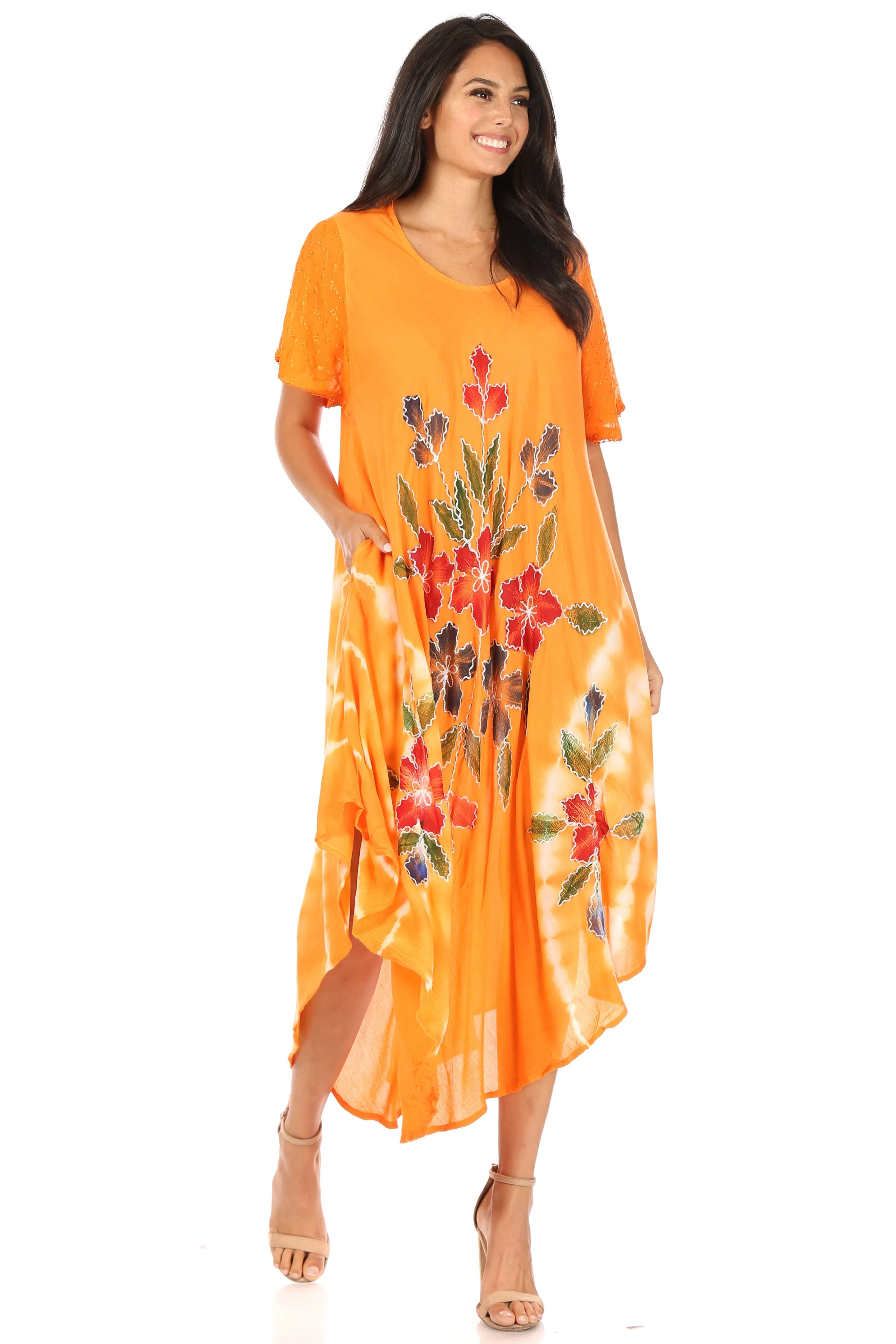 Sakkas Embroidered Painted Floral Cap Sleeve Rayon Dress