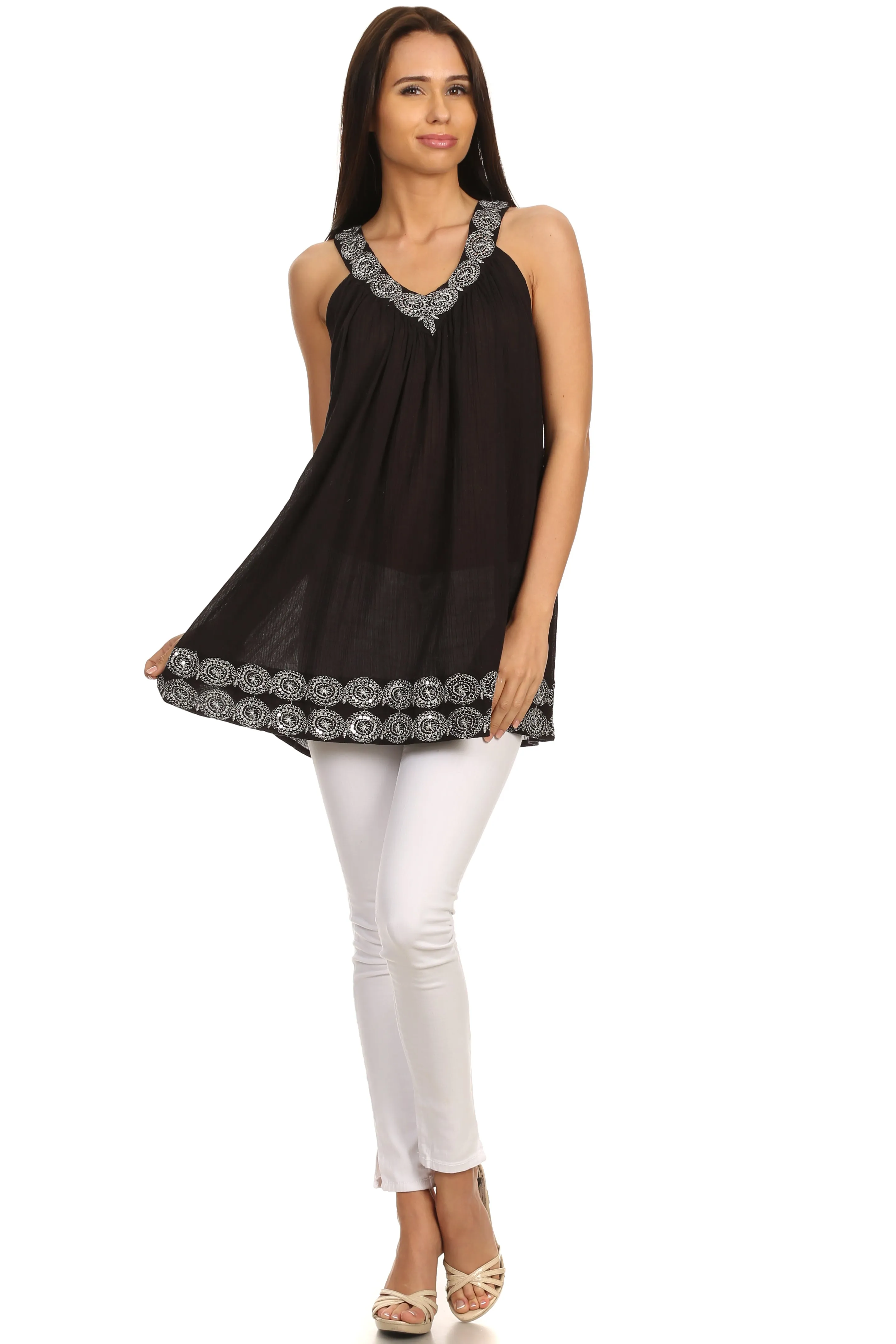 Sakkas Tyra  Sequin Embroidered Relaxed Fit Sleeveless V-Neck Top