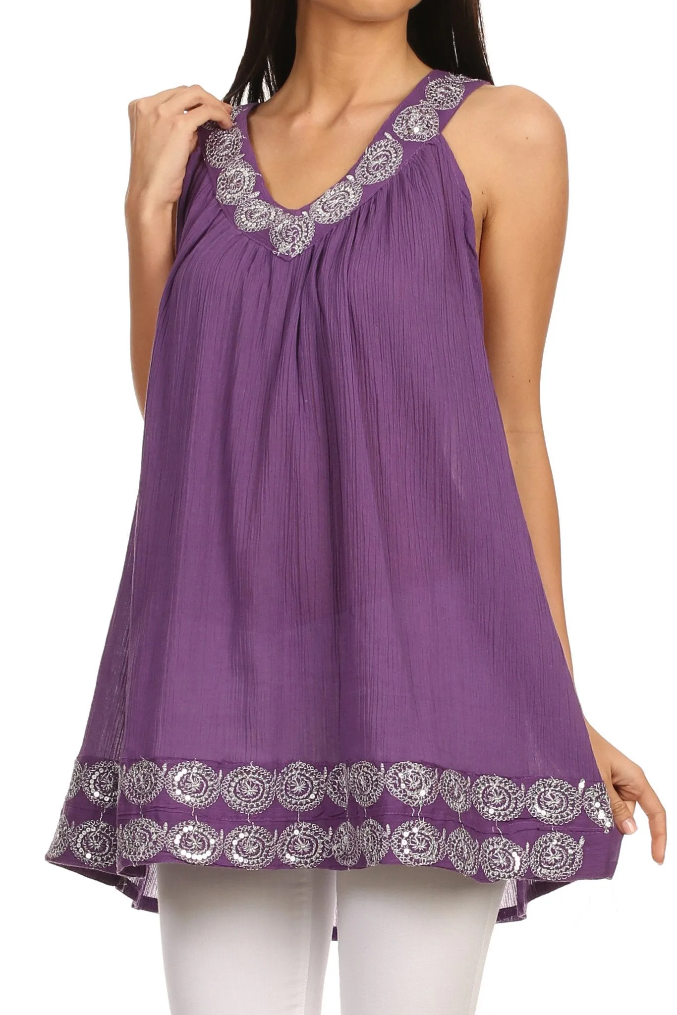 Sakkas Tyra  Sequin Embroidered Relaxed Fit Sleeveless V-Neck Top