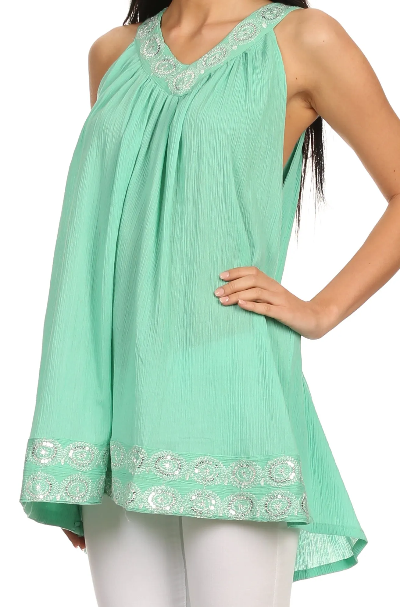 Sakkas Tyra  Sequin Embroidered Relaxed Fit Sleeveless V-Neck Top