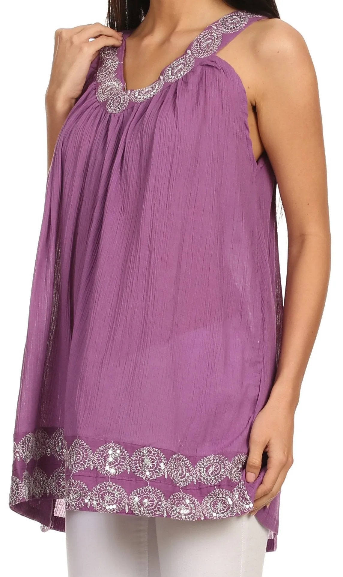 Sakkas Tyra  Sequin Embroidered Relaxed Fit Sleeveless V-Neck Top