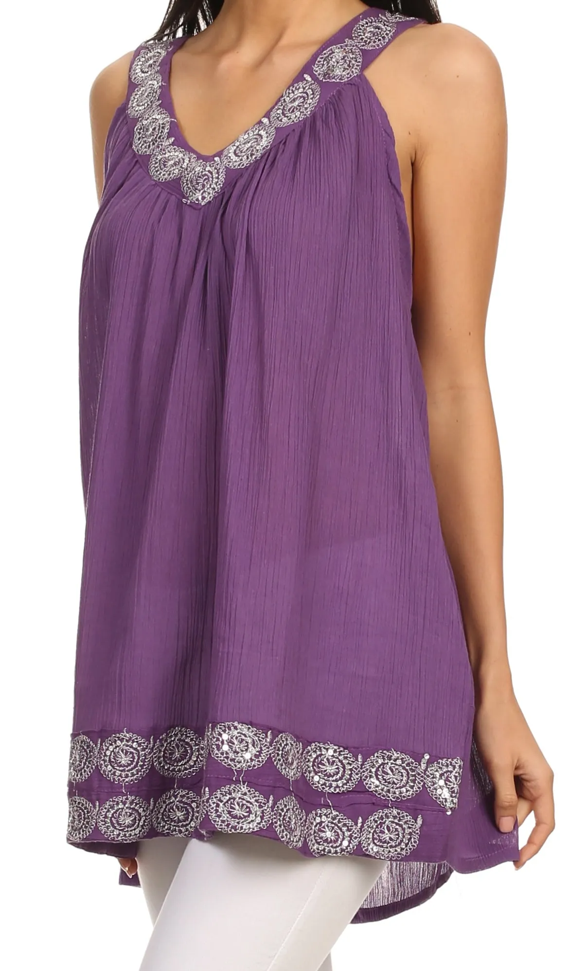 Sakkas Tyra  Sequin Embroidered Relaxed Fit Sleeveless V-Neck Top