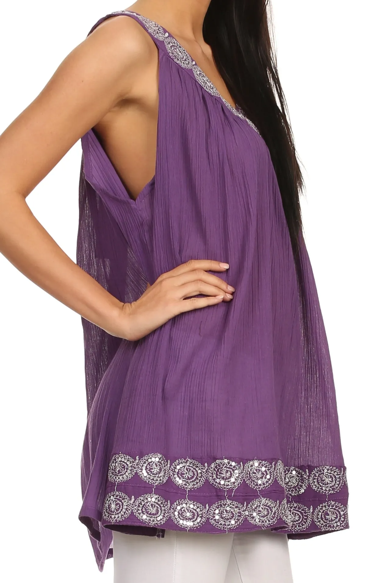 Sakkas Tyra  Sequin Embroidered Relaxed Fit Sleeveless V-Neck Top