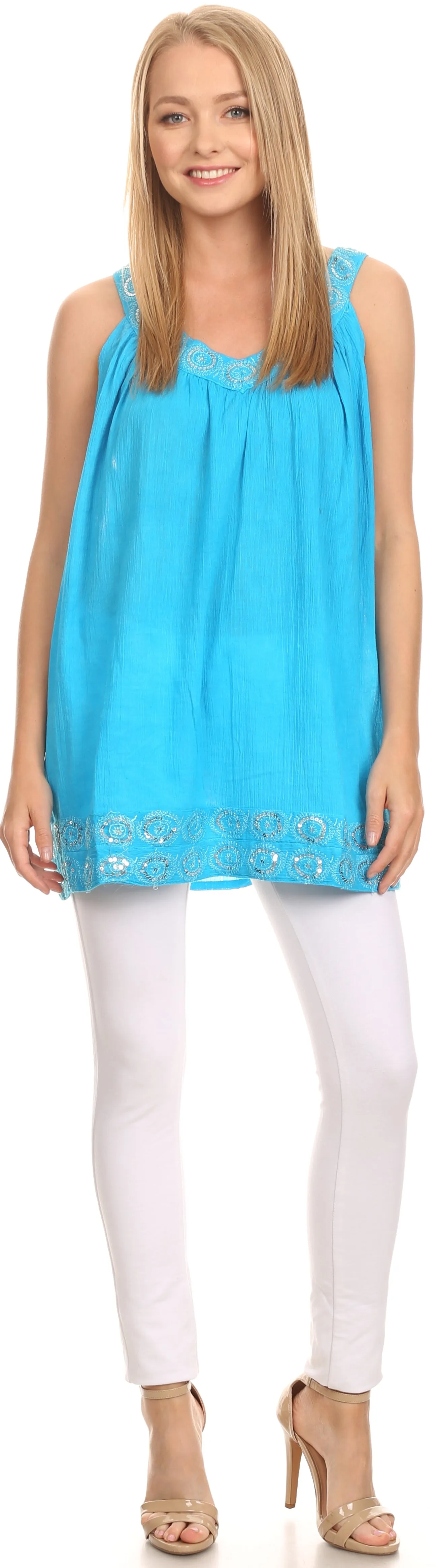 Sakkas Tyra  Sequin Embroidered Relaxed Fit Sleeveless V-Neck Top