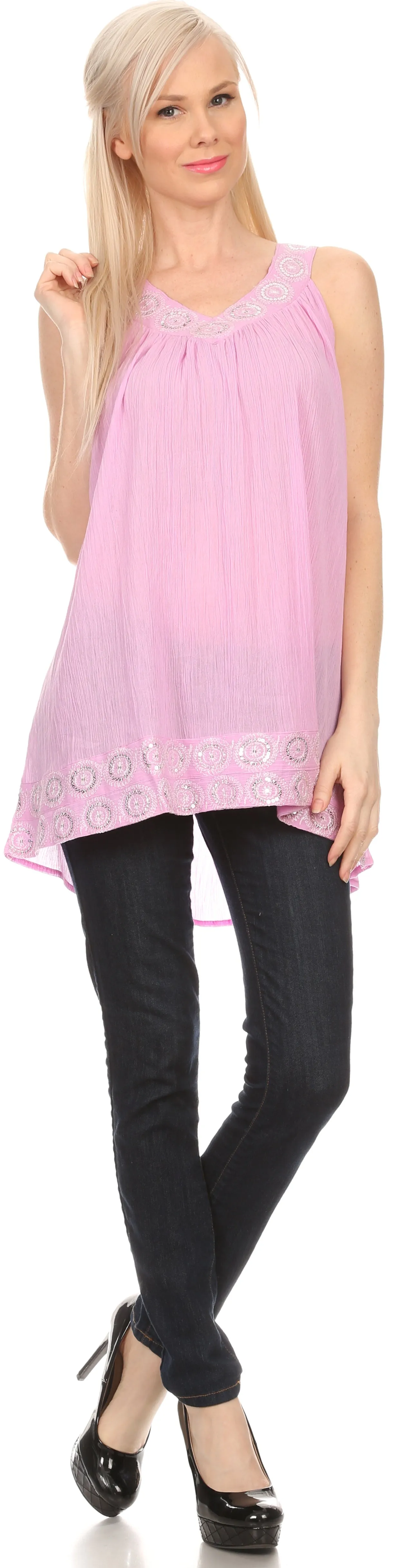 Sakkas Tyra  Sequin Embroidered Relaxed Fit Sleeveless V-Neck Top