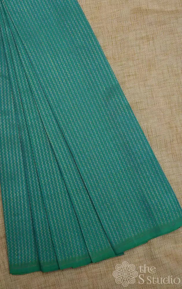 Sea green kanchi silk blouse material with zig zag vanki zari lines