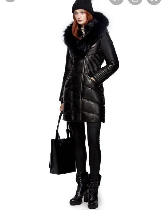 Sia Leather Down Coat With Fur Trim