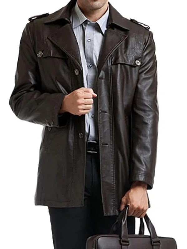 Single-Breasted Men's Black Motorcycle Leather Coat