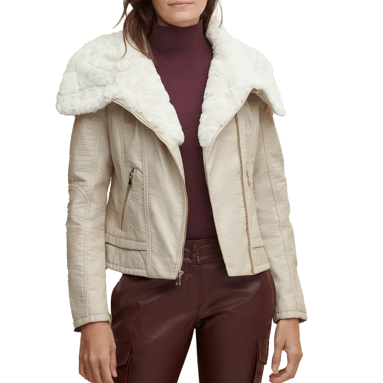 Stylish Cream Color Fitted FUR Shearling Sheepskin Leather Jacket Women