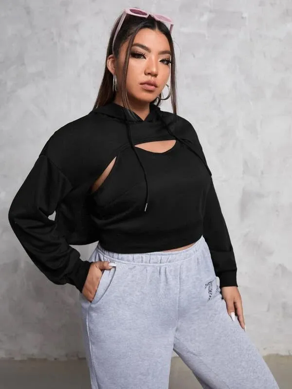 SXV SOLID PLAIN BLACK OVER CROPPED HOODIE