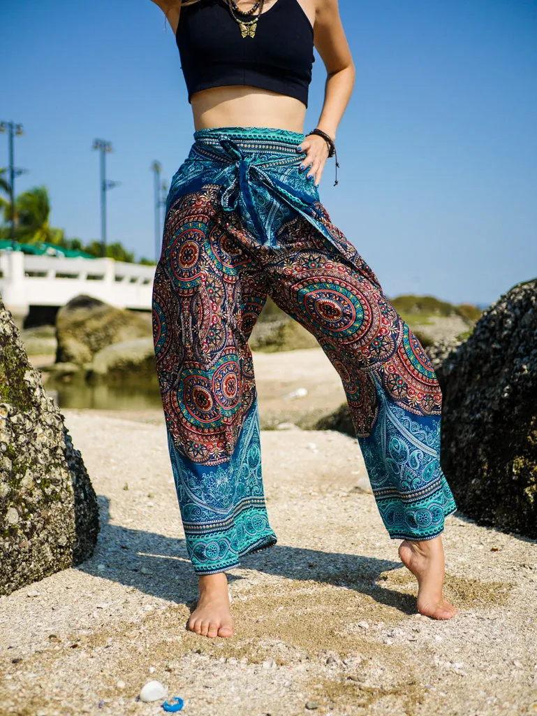 Teal Royal Mandala Palazzo Wrap Pants