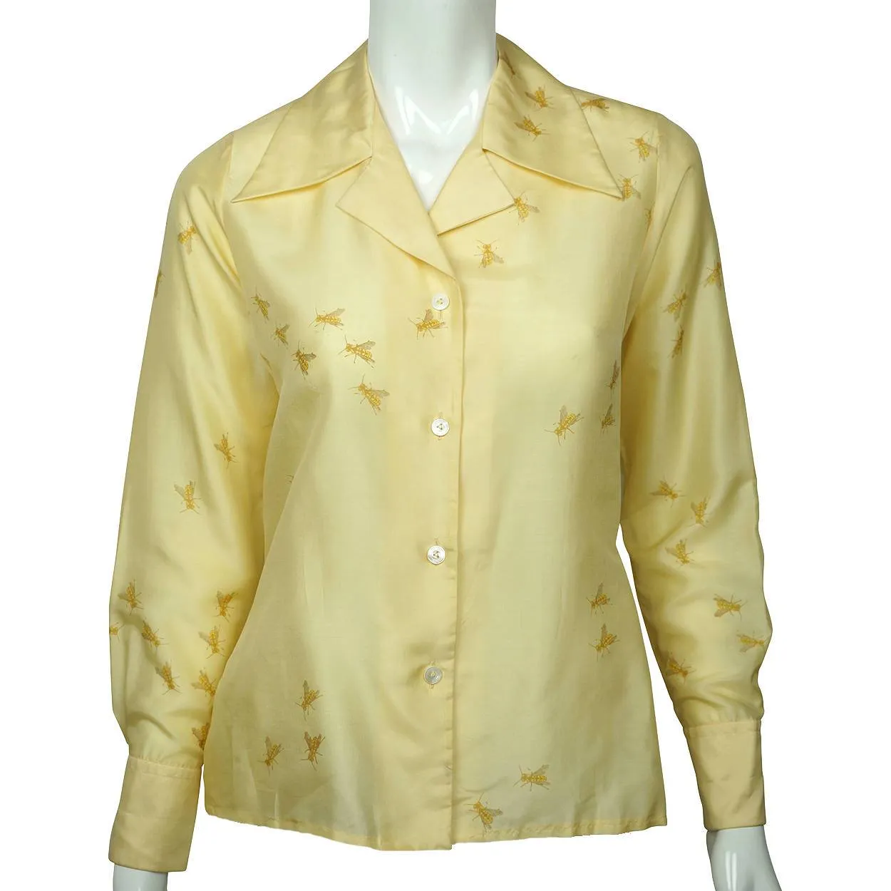 Vintage 1970s Silk Shirt Blouse Bee Pattern Lady Van Laack Germany Holt Renfrew