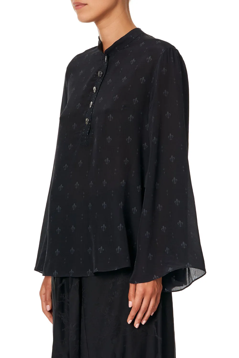 WIDE SLEEVE BUTTON UP BLOUSE BLACK