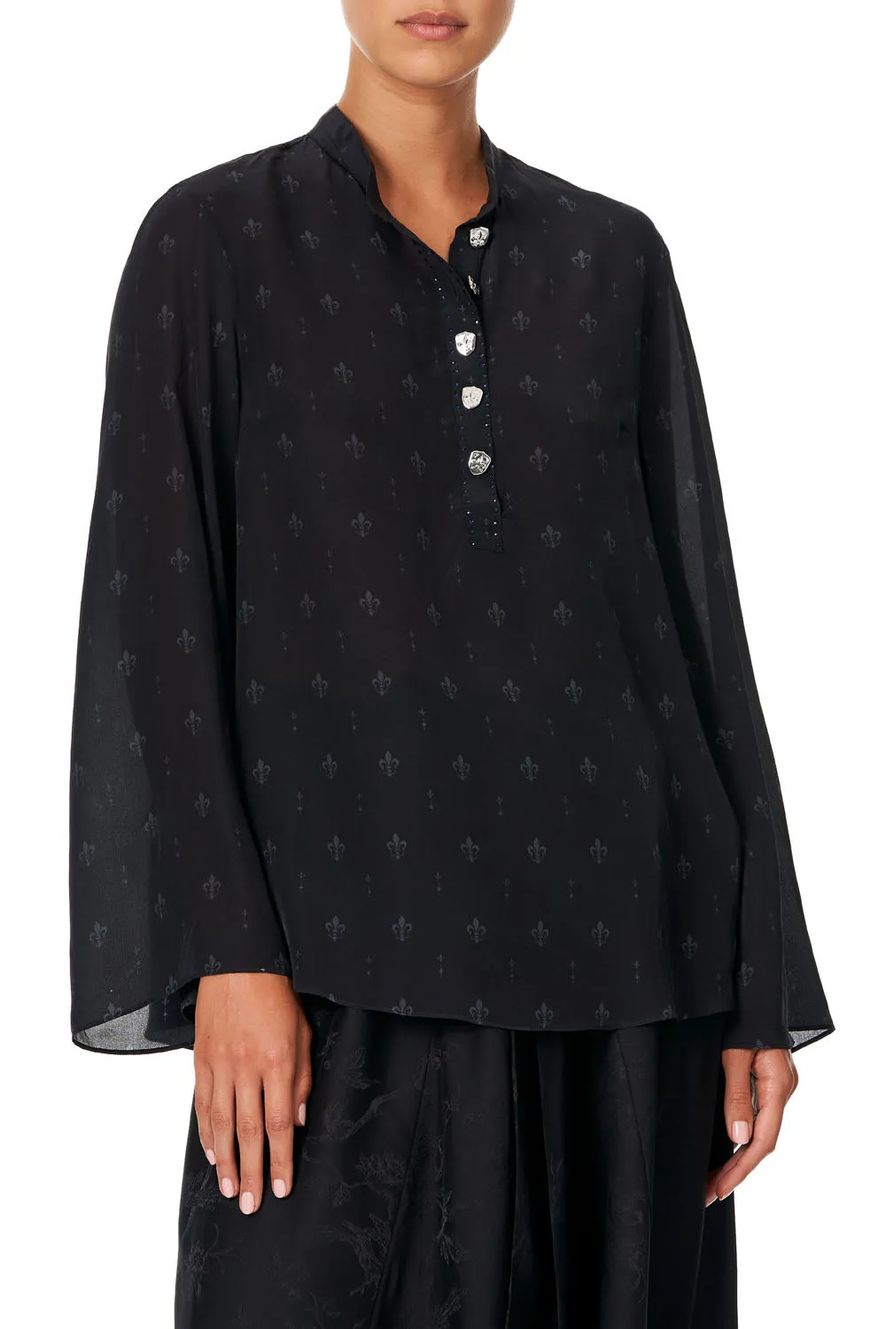 WIDE SLEEVE BUTTON UP BLOUSE BLACK