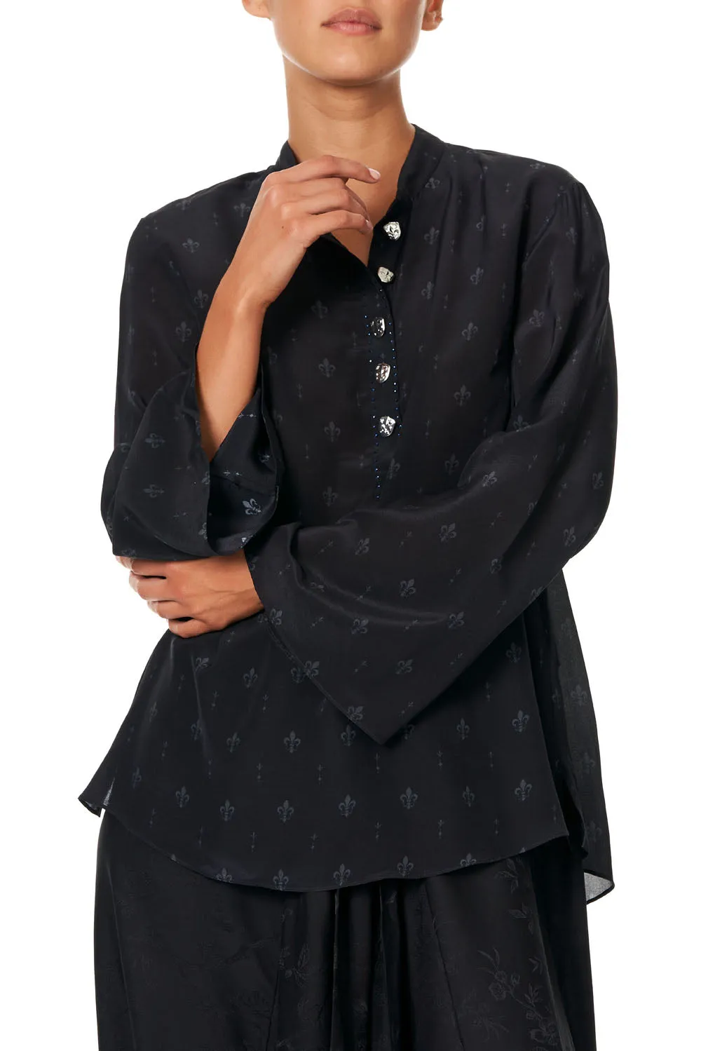 WIDE SLEEVE BUTTON UP BLOUSE BLACK