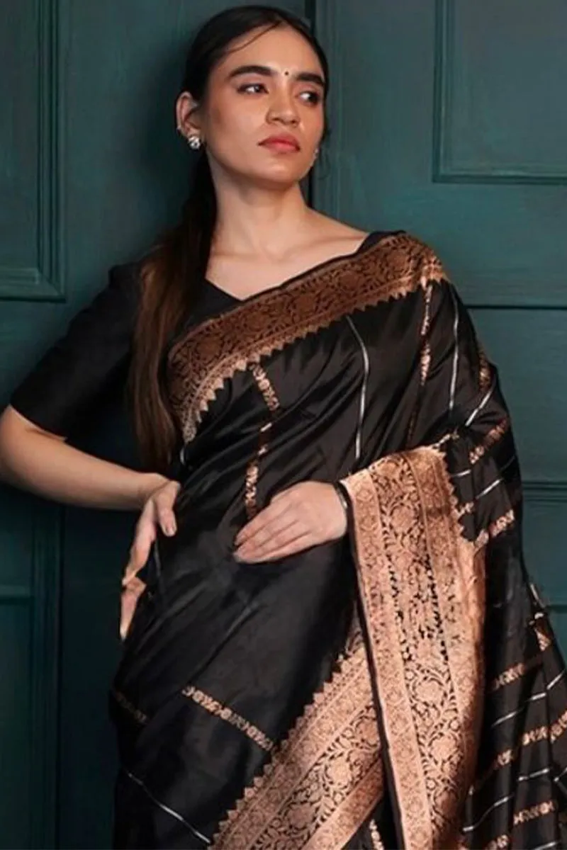 Woebegone Black Soft Silk Saree With Evanescent Blouse Piece