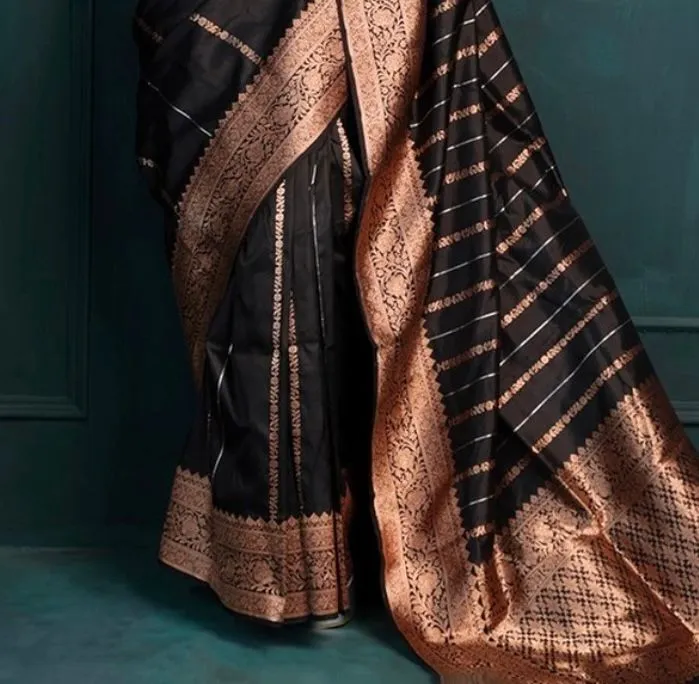 Woebegone Black Soft Silk Saree With Evanescent Blouse Piece