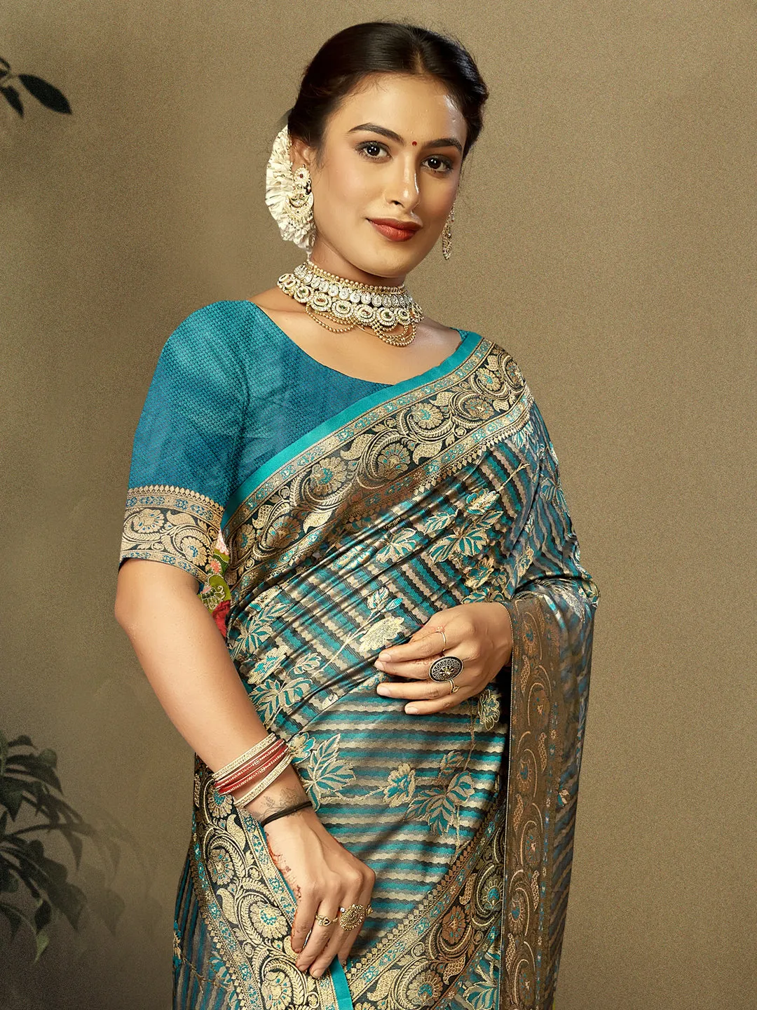 Women Sky Blue Satin Silk Saree With Un Stitched Blouse