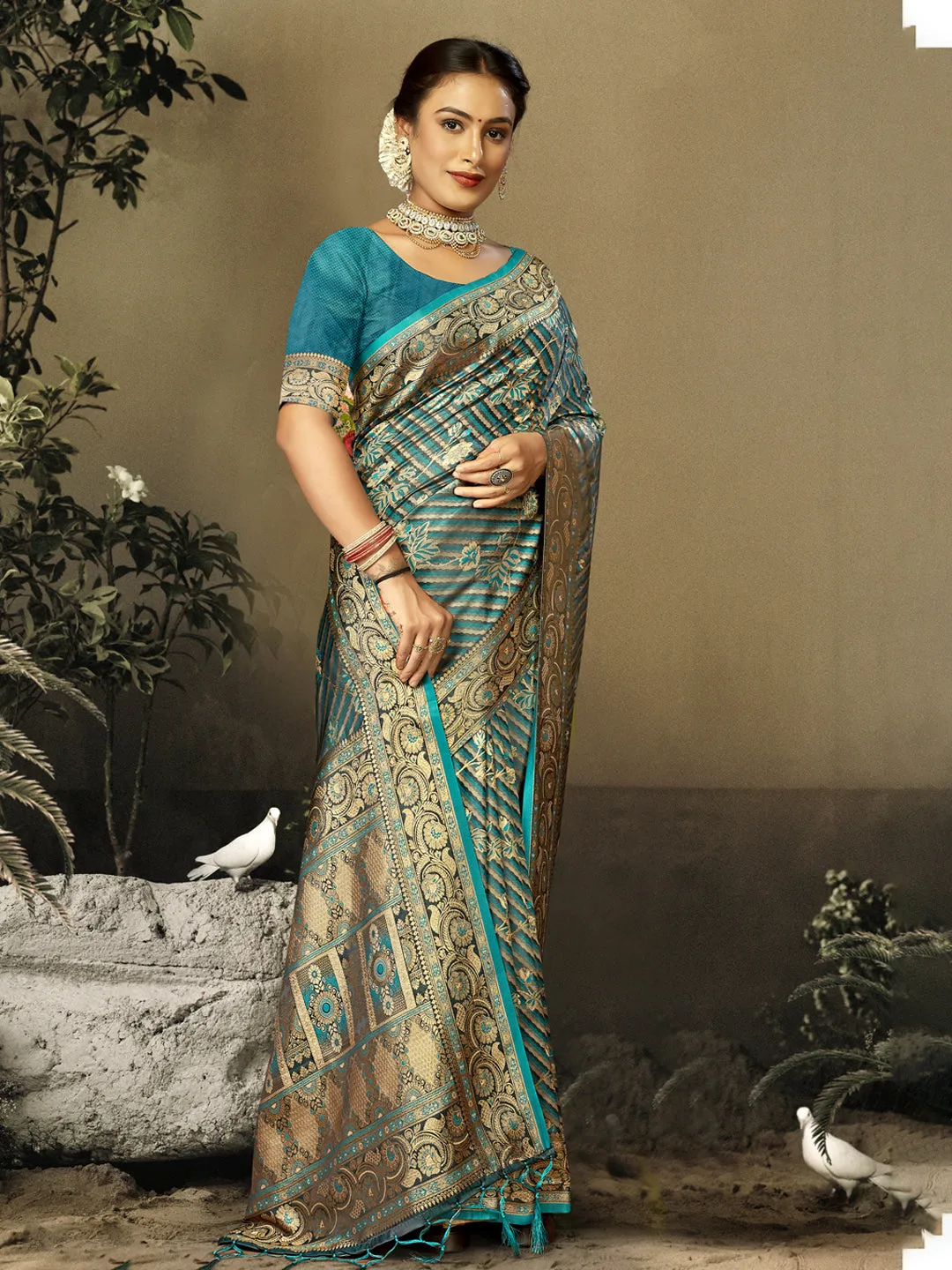 Women Sky Blue Satin Silk Saree With Un Stitched Blouse