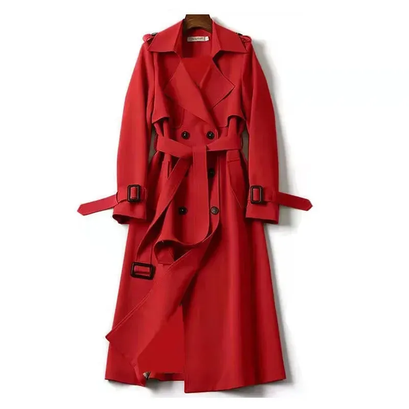 Women Windbreaker With Belt  Medium Length Slim Trench Solid Color  Casual Coats