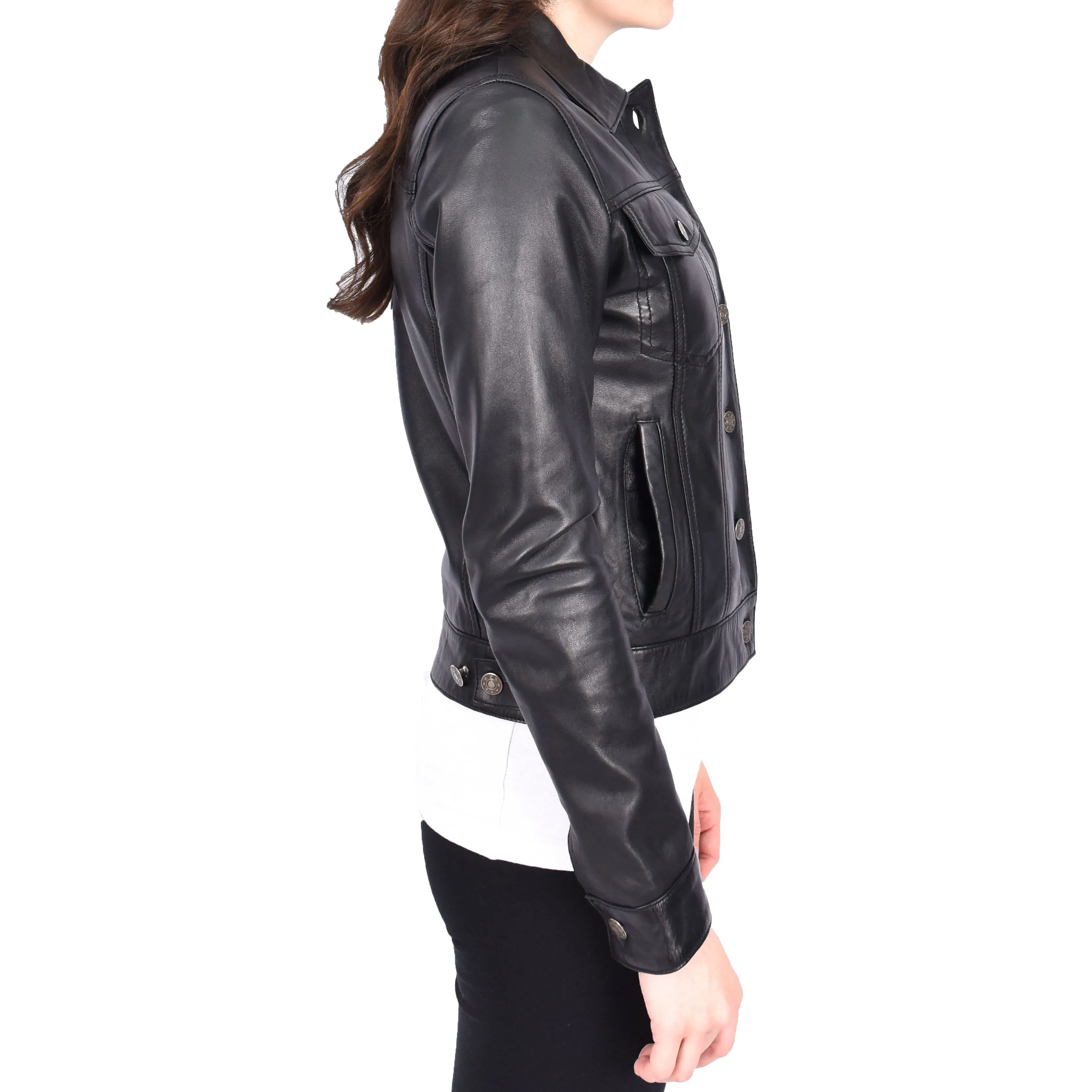 Womens Black Soft Leather Trucker Jacket Fitted Casual Style Zoey