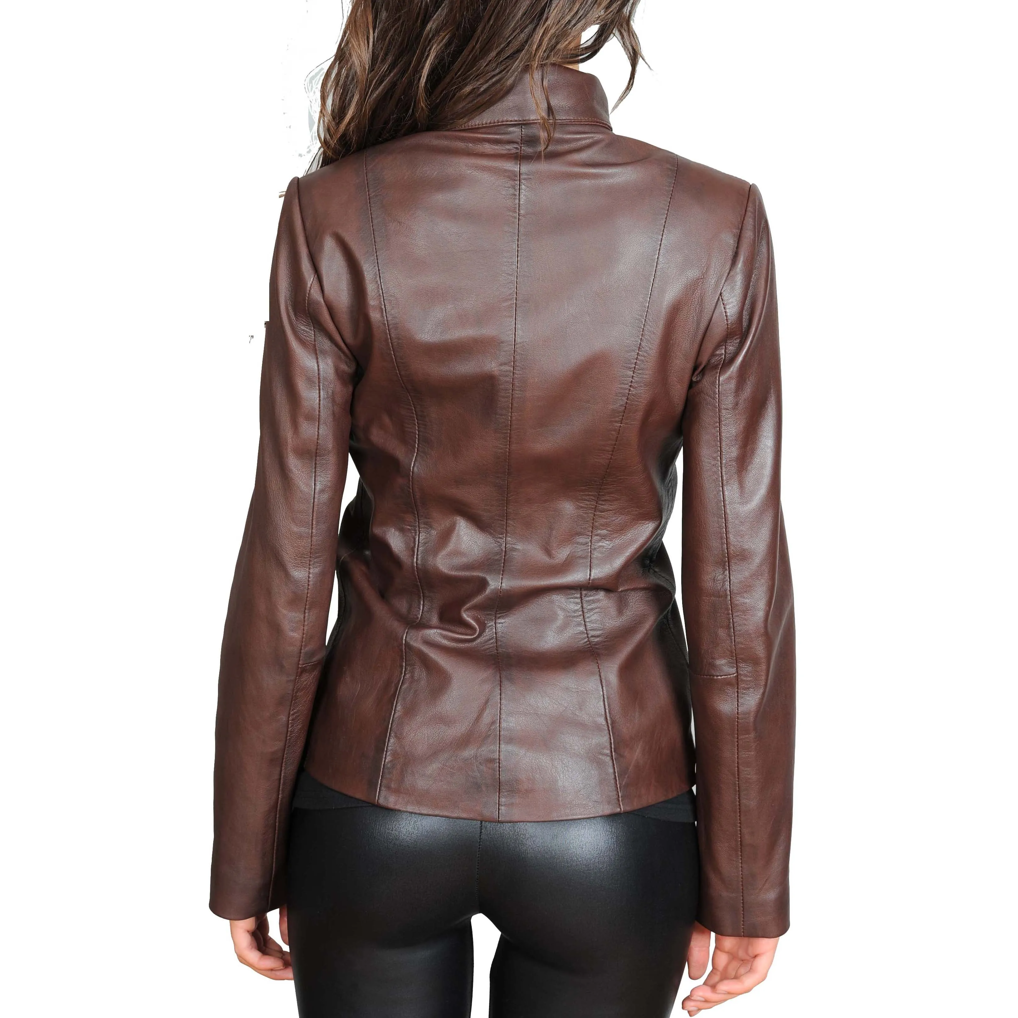 Womens Classic Semi Fitted Biker Real Leather Jacket Nicole Brown