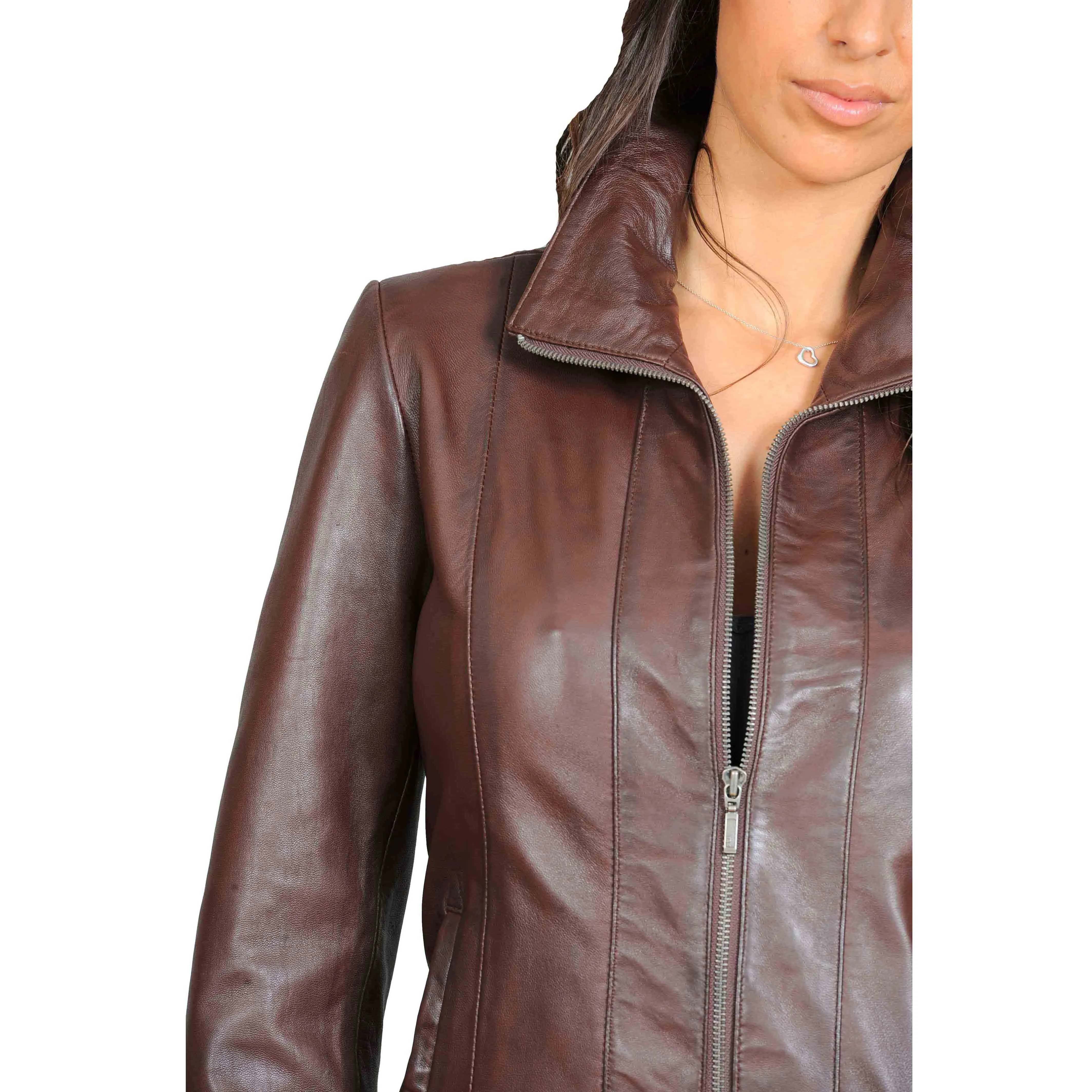 Womens Classic Semi Fitted Biker Real Leather Jacket Nicole Brown