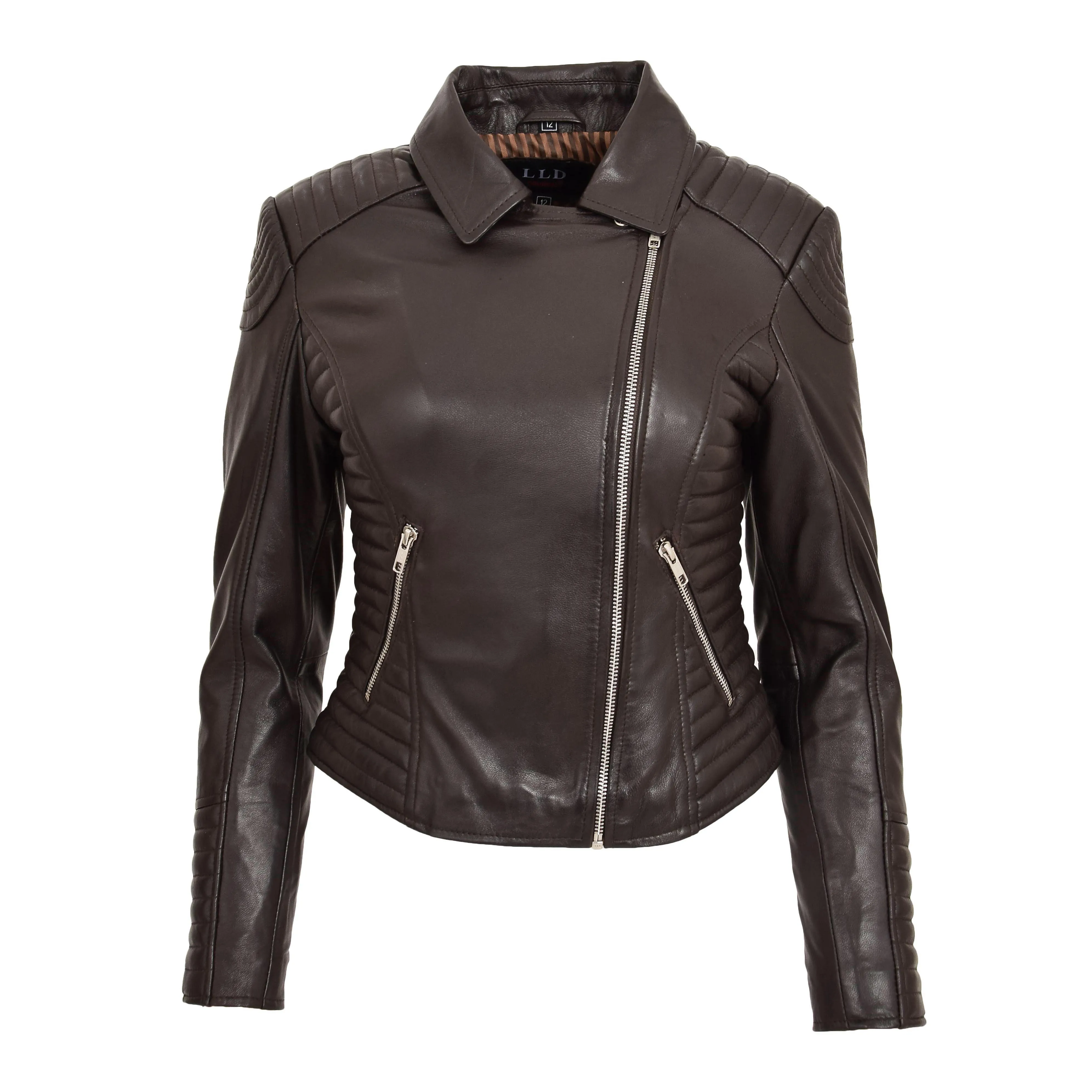 Womens Designer Leather Biker Jacket Fitted Quilted Bonita Brown