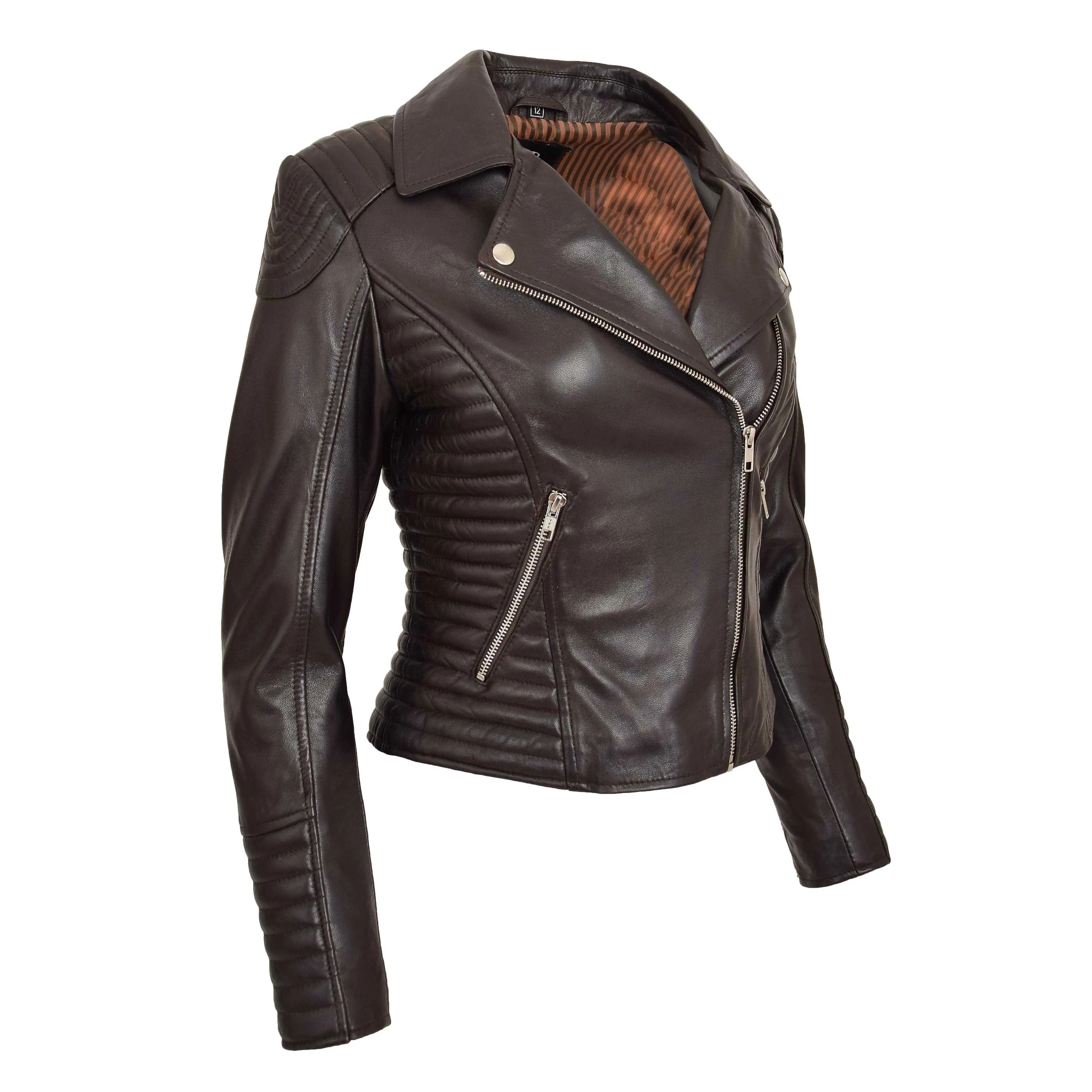 Womens Designer Leather Biker Jacket Fitted Quilted Bonita Brown