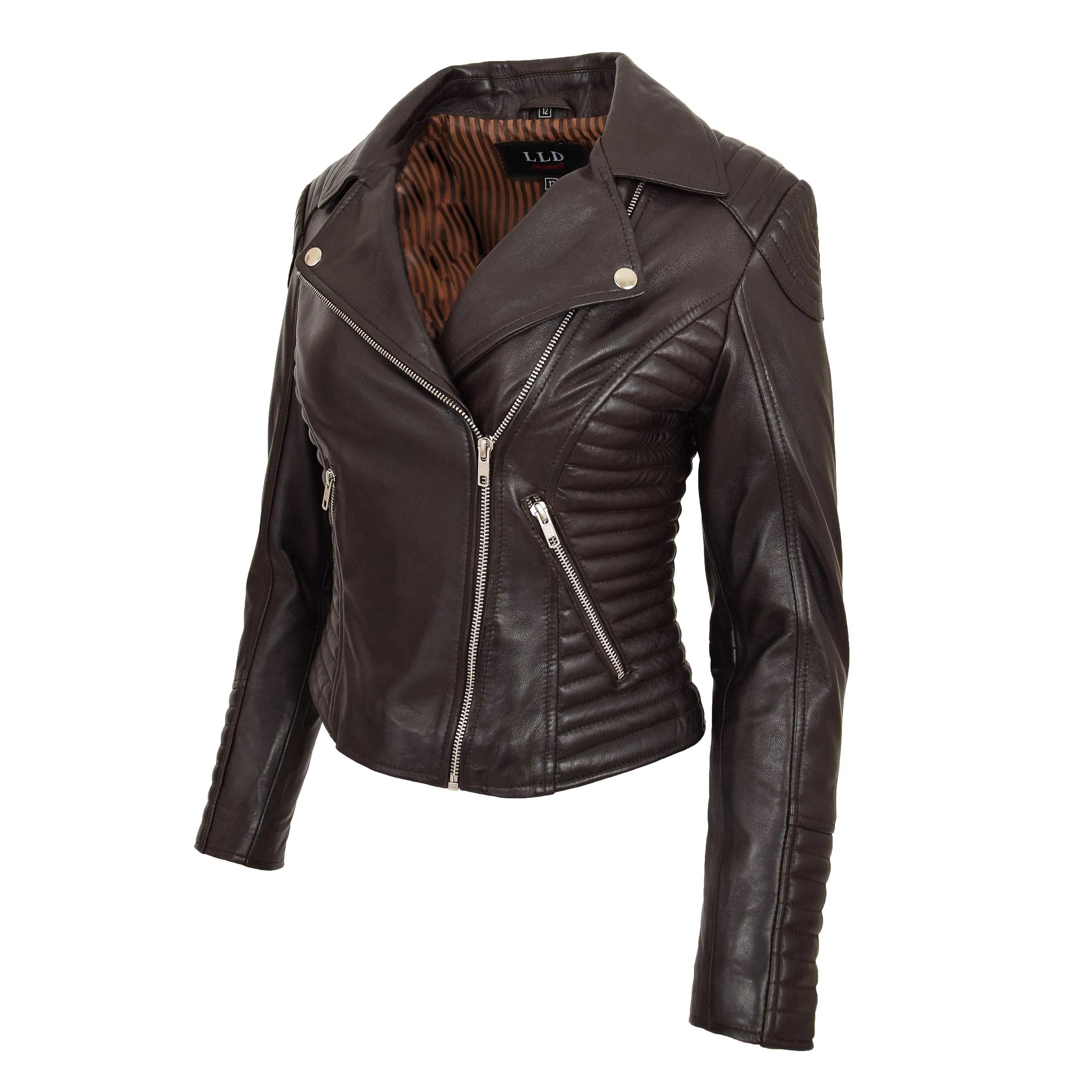 Womens Designer Leather Biker Jacket Fitted Quilted Bonita Brown