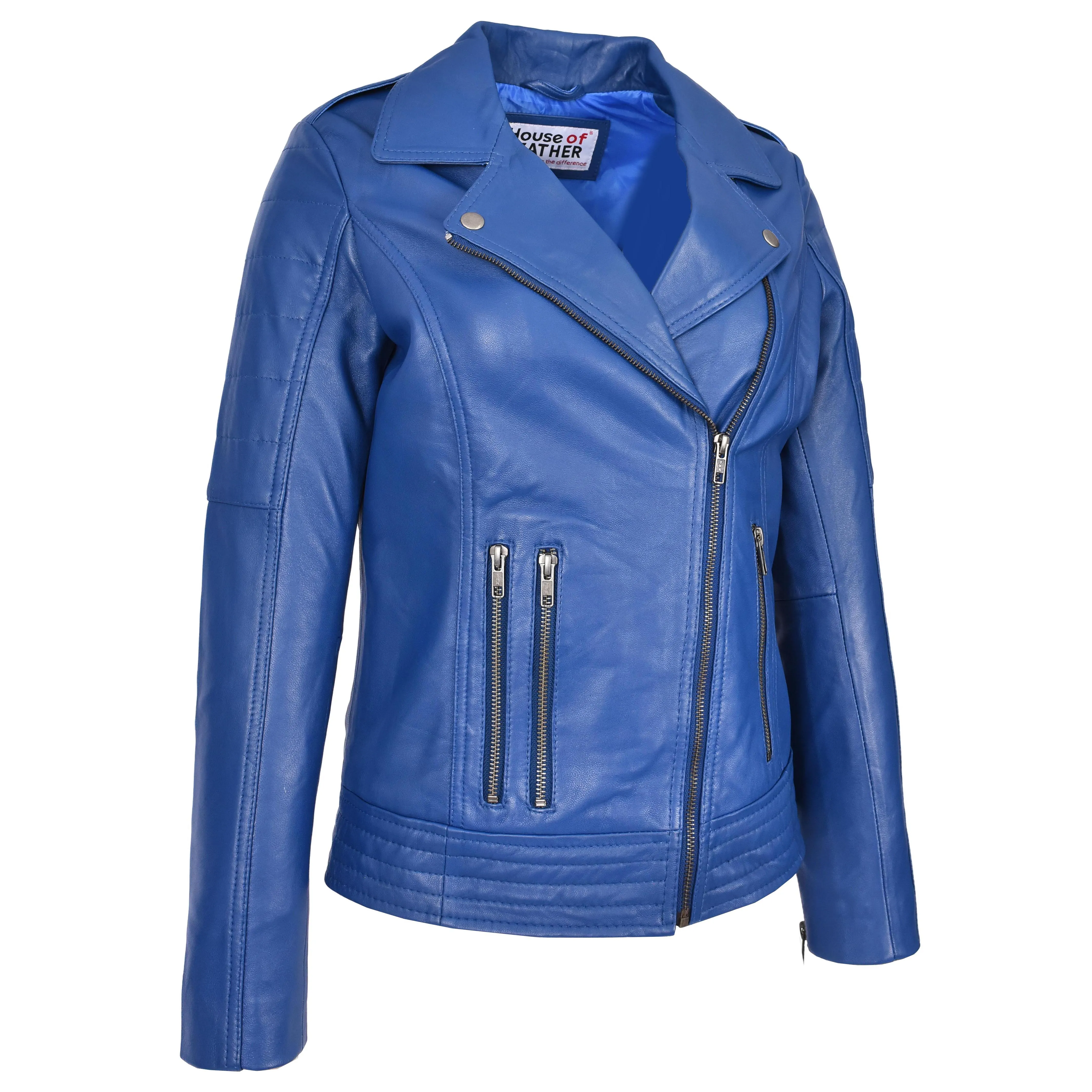 Womens Real Leather Biker Jacket Cross Zip Style Pam Blue