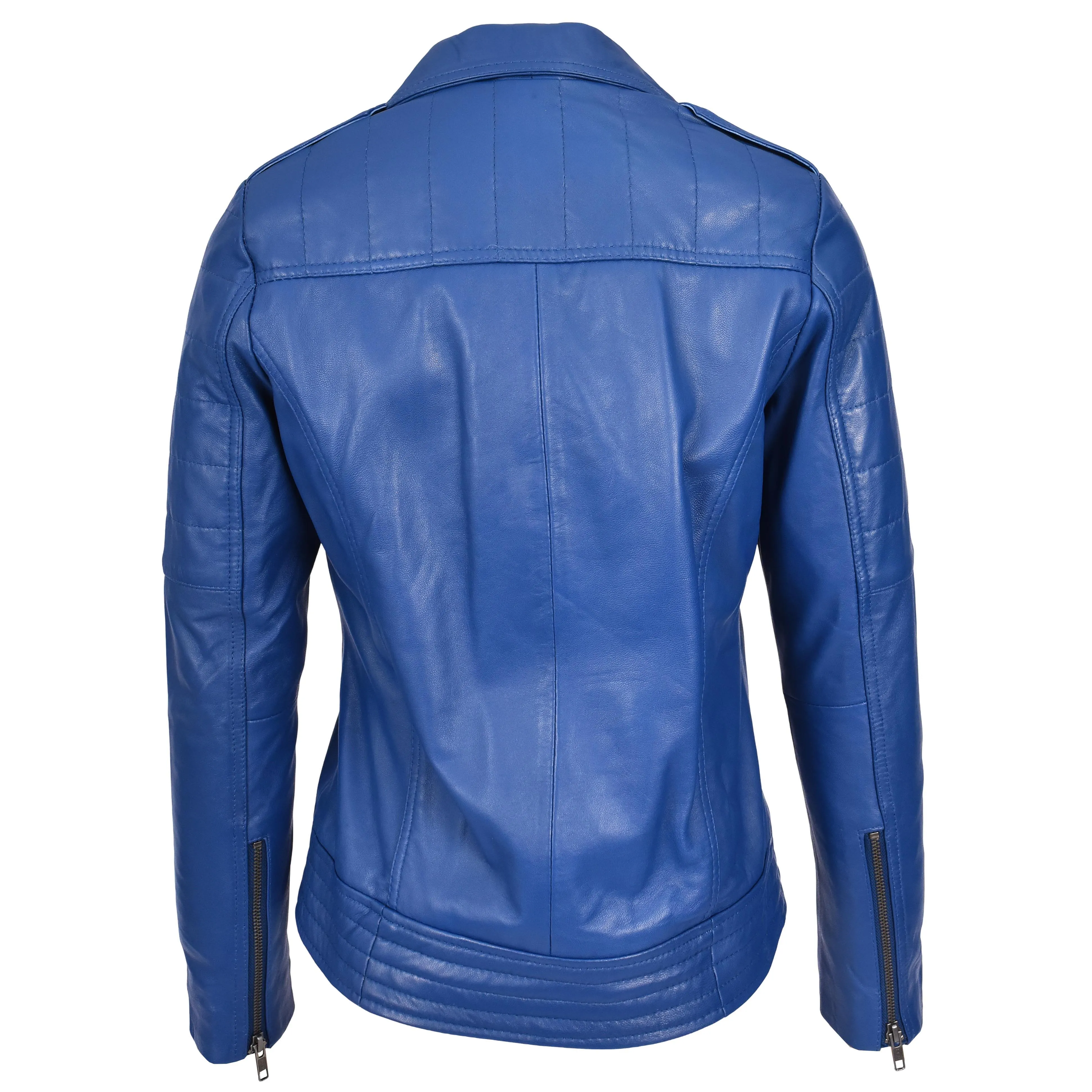 Womens Real Leather Biker Jacket Cross Zip Style Pam Blue