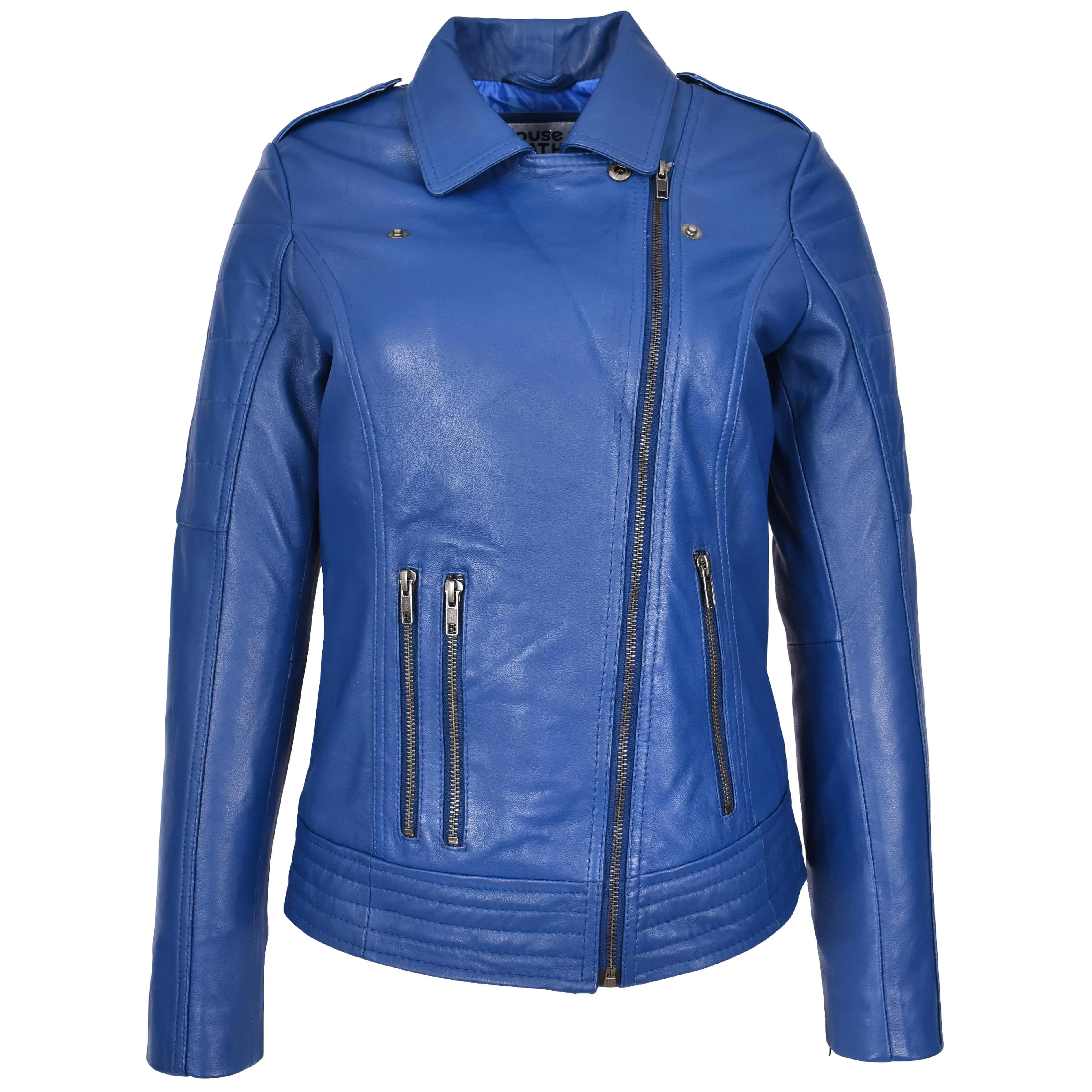 Womens Real Leather Biker Jacket Cross Zip Style Pam Blue