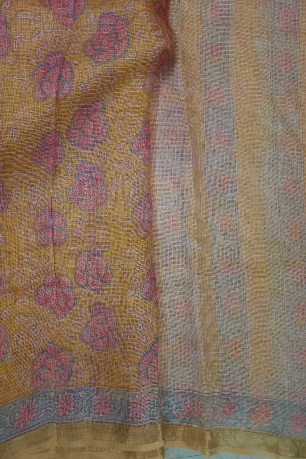 Yellow Block Printed Kota Silk saree