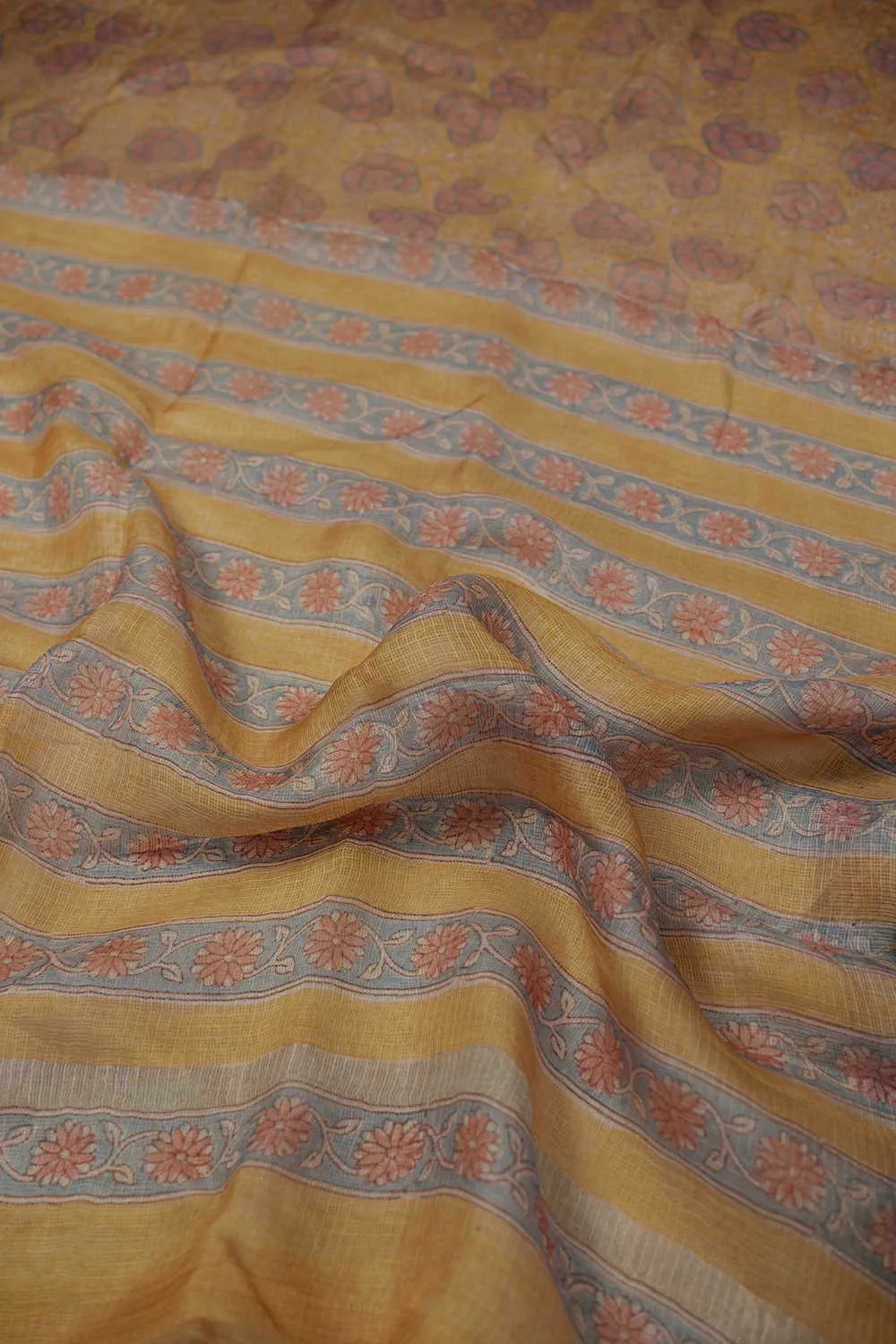 Yellow Block Printed Kota Silk saree