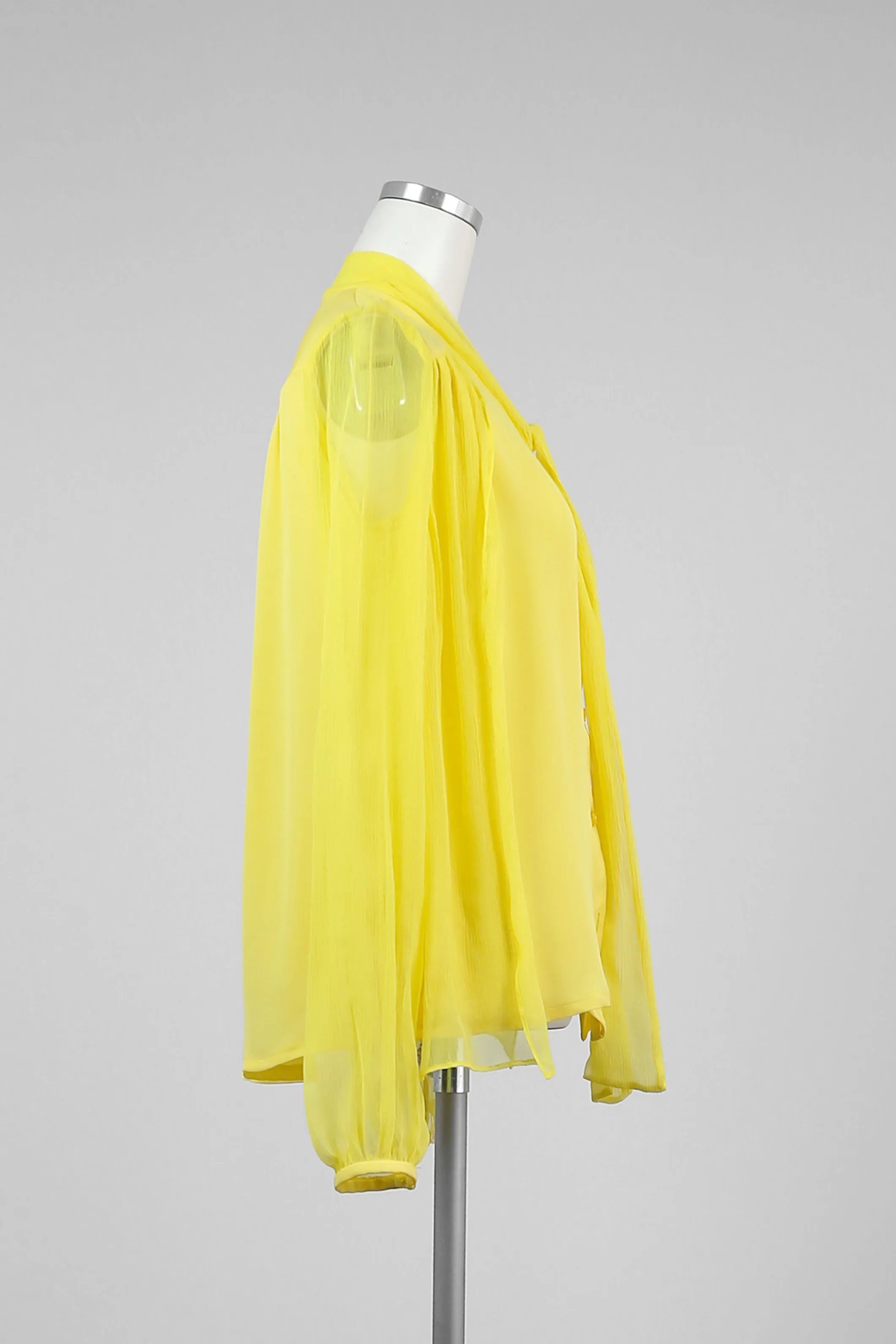 Yellow Silk Tie Collar Blouse