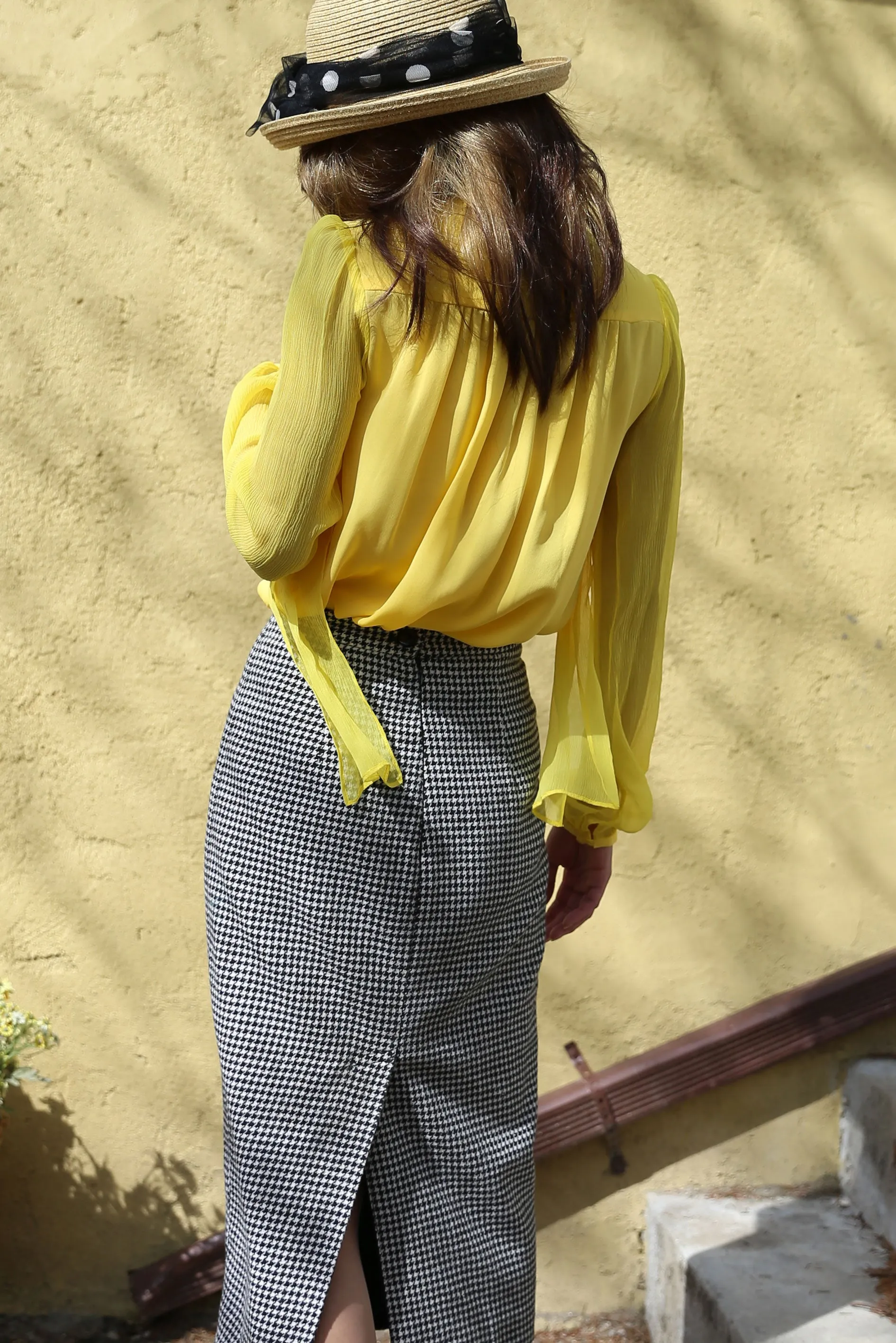 Yellow Silk Tie Collar Blouse