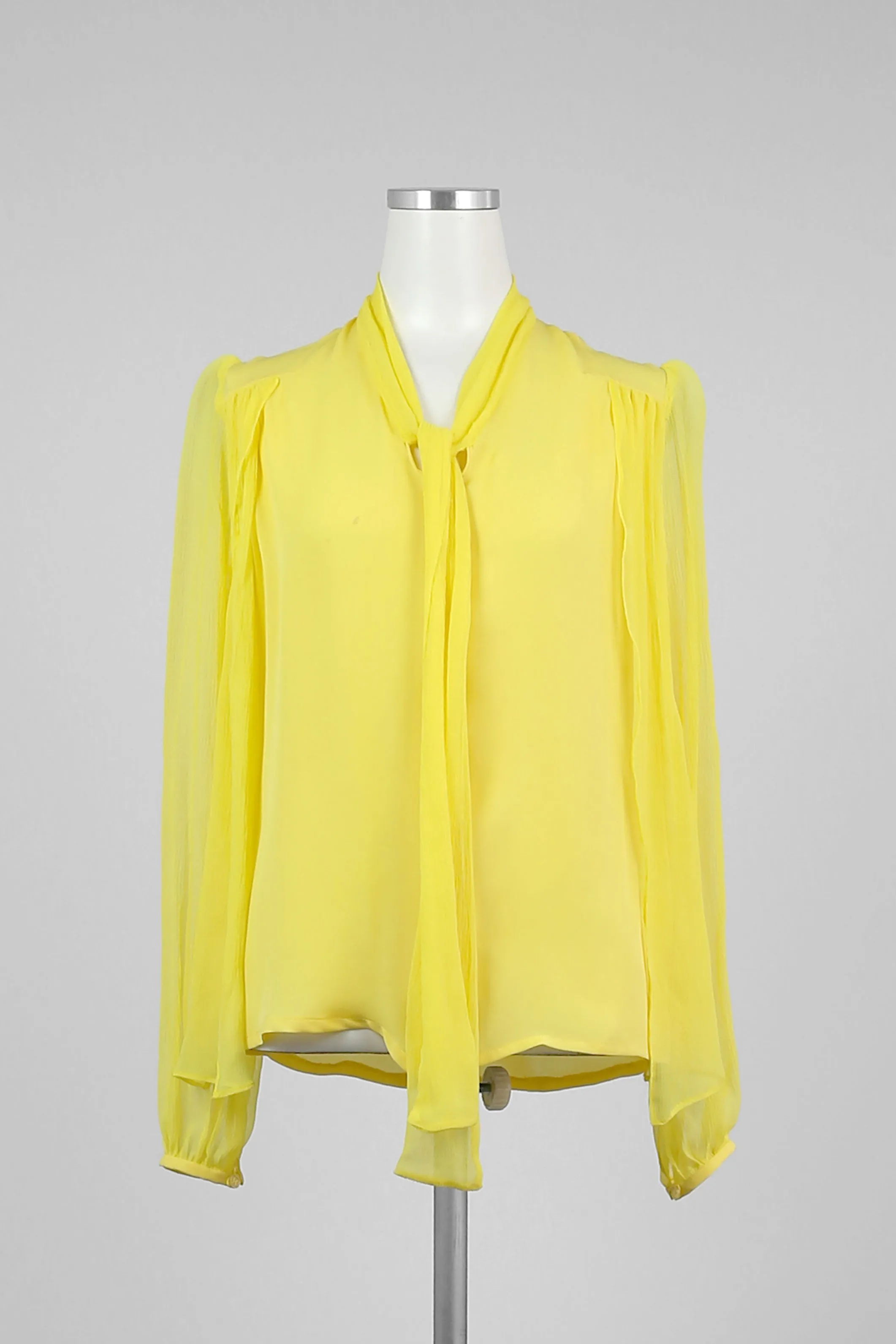 Yellow Silk Tie Collar Blouse