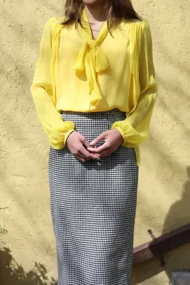 Yellow Silk Tie Collar Blouse