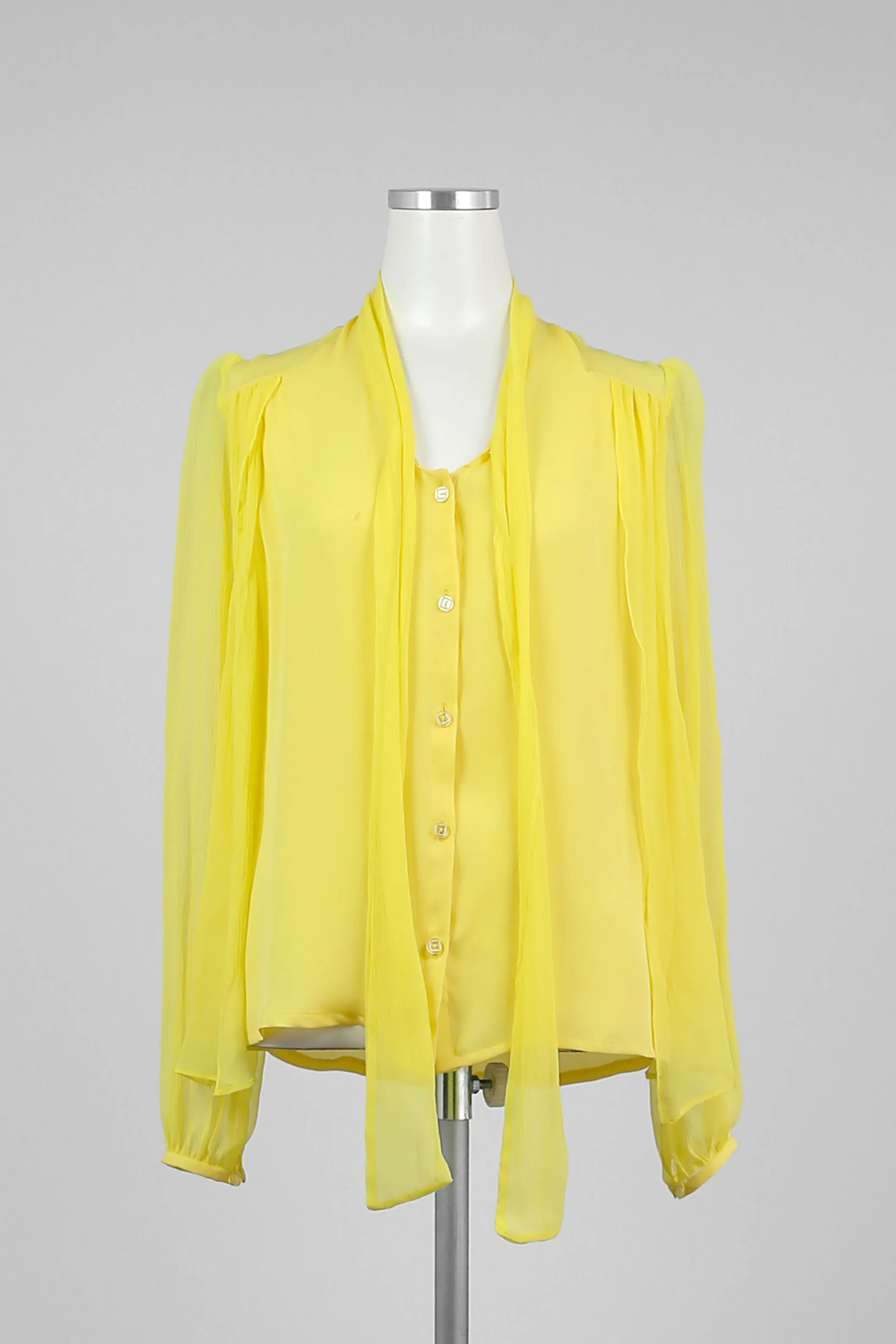 Yellow Silk Tie Collar Blouse